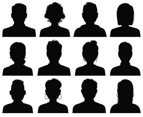 Twelve black silhouette head  shoulders portraits arranged in a grid pattern on a white background