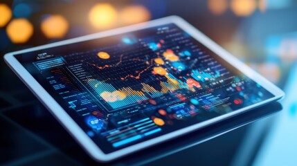 Modern digital tablet displaying colorful financial data charts and stock market analysis with glowing interface