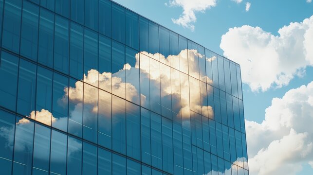 Modern glass building reflecting blue sky and clouds with sleek architectural design and clean lines
