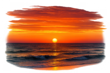 Warm-toned sunset casting golden light over serene ocean surface, seamless transparent backdrop highlighting tranquil marine landscape