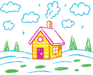 Fototapeta premium A charming cartoon cottage nestles in a snowy winter forest, its windows glowing under a sunlit sky, amidst a serene natural landscape