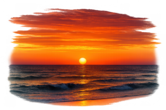 Warm-toned sunset casting golden light over serene ocean surface, seamless transparent backdrop highlighting tranquil marine landscape