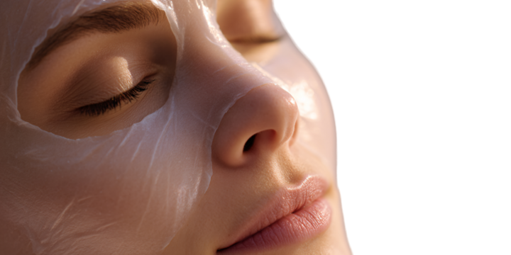 Serene Caucasian woman with sheet mask on face, eyes closed in relaxation Concept of skincare, beauty treatment, and wellness for radiant complexion