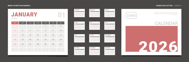 2026 Calendar Planner Set of Template Monthly Page with Note and cover with Place for Photo, Company Logo. Vector layout of wall or desk organizer with week start Sunday. Pages size Letter -8.5x11 in