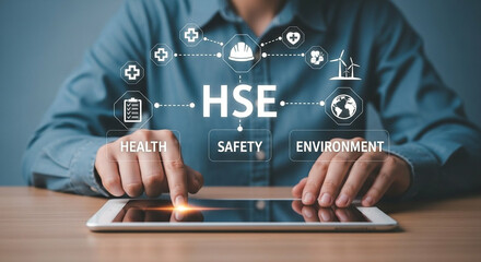 Person interacting with digital interface showing health safety and environment icons