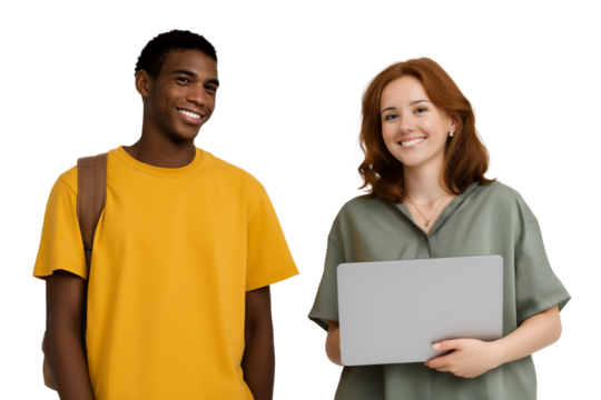 Diverse college students standing and smiling, holding laptop and backpack, isolated on white or transparent background