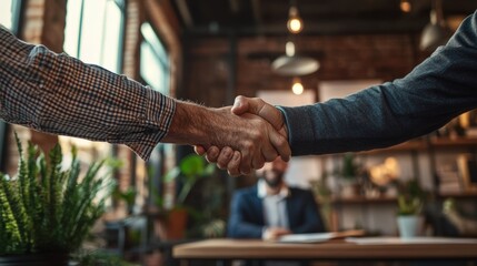 Businesspeople Shaking Hands in Modern Office Setting for Partnership Agreement Collaboration