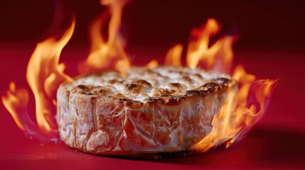 Flaming baked alaska dessert on vibrant red background with dramatic flames