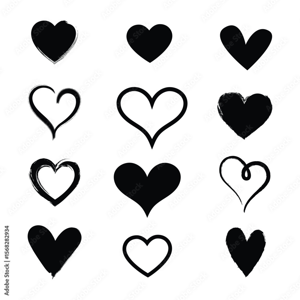 Poster an arrangement of twelve hearts in a square layout varying in shape and style all solid black on a w