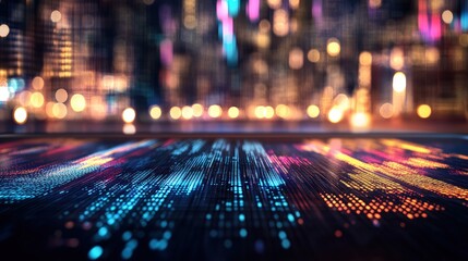 Abstract cityscape with vibrant glowing digital lights and futuristic glowing data stream at night