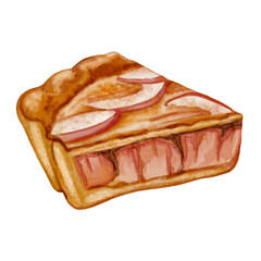 A slice of apple pie with golden crust and juicy filling. Hand-painted in warm watercolor style with soft textures and cozy autumn mood.