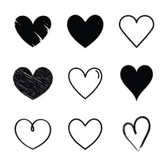 Nine stylized heart icons varied designs in black outlines and solid fills arranged in a grid