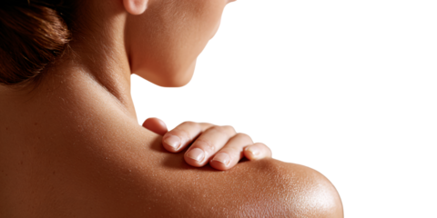 Adult woman with hand on shoulder, experiencing shoulder pain and muscle tension Concept of healthcare, massage therapy, and body care