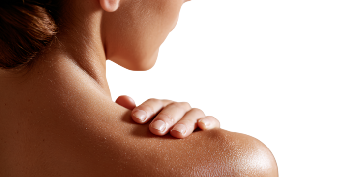 Adult woman with hand on shoulder, experiencing shoulder pain and muscle tension Concept of healthcare, massage therapy, and body care