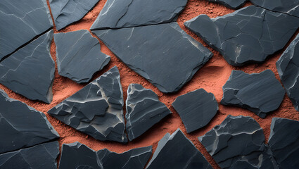Natural Slate Rock Texture Close-Up – Dark Stone Mosaic Background with Cracks and Earth