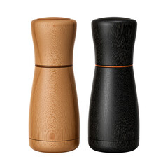 Two stylish wooden salt and pepper grinders on a neutral isolated background for culinary usage