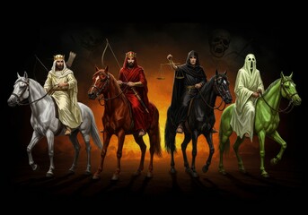 An epic and visually striking illustration portrays the Four Horsemen of the Apocalypse, majestically positioned against a swirling, fiery dark background. Each rider embodies a different aspect of de