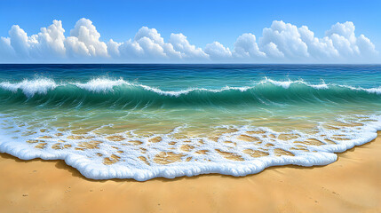 Ocean wave breaking on a sandy beach under a bright blue sky with puffy clouds.