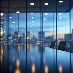 Empty conference room at dusk, city view