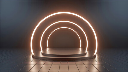 Illuminated concentric arcs stage with tiled floor podium circular