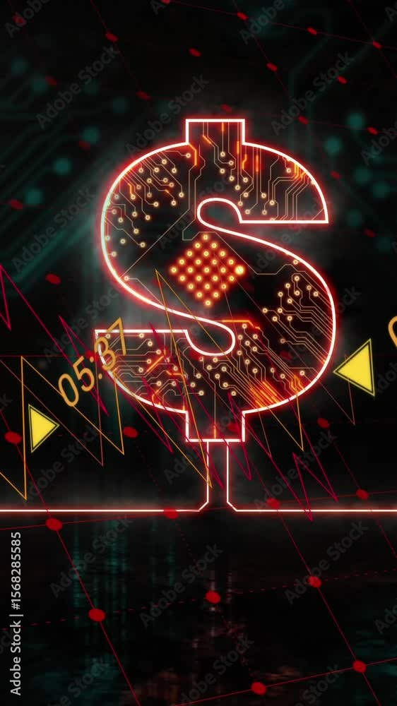 Poster animation of data processing over dollar icon with computer circuit board on black background