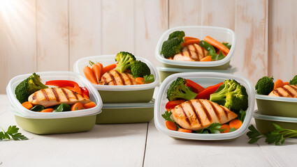 Freshly prepared food containers featuring grilled chicken with colorful vegetables, perfect for fitness meal prep and clean eating visuals
