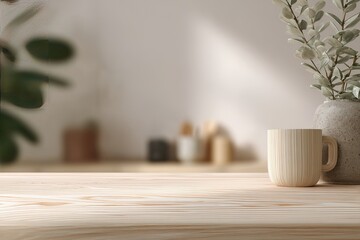 Light-filled, minimalist interior scene.  A wooden tabletop, featuring a cup and vase, sits in front of a softly blurred background of a home interior. Sunlight streams in