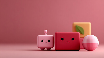 Charming cartoon characters and cubes create a playful mood in soft pink tones