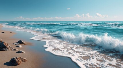 Waves Breaking on Beach with Rocks Under Blue Sky