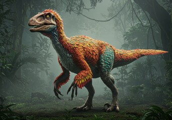 A vibrant, feathered dinosaur, possibly a raptor species, stands alert in a misty, lush jungle environment. Its scales and feathers are rendered in striking shades of orange, yellow, green, and red, c