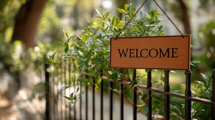 Welcome Sign Hanging on Black Metal Fence with Greenery