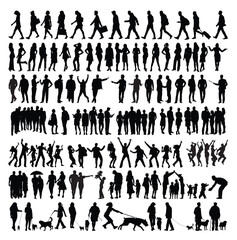 Crowd silhouette People walking standing interacting some with dogs in various poses