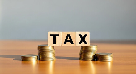 Wooden blocks spell tax above stacks of coins on a table