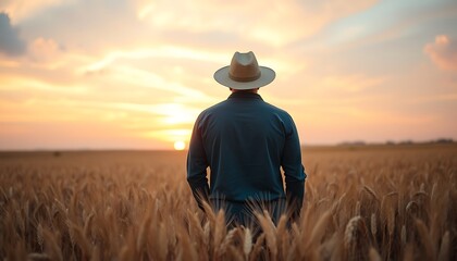 Farmer standing in golden wheat field at sunset golden hour agriculture