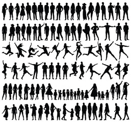 Silhouetted figures in various poses including standing jumping and children holding hands