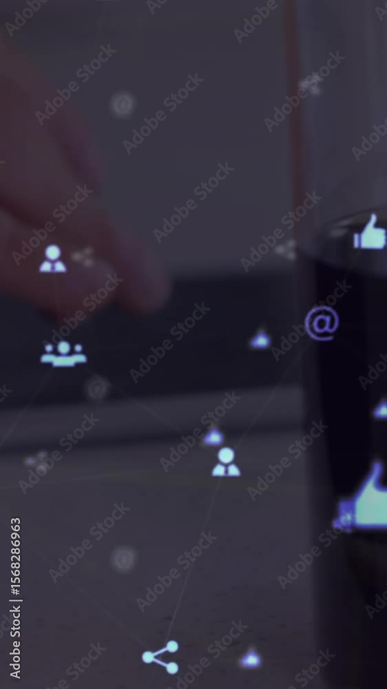 Poster digital composite video of web of connections with icons moving against person using a digital table