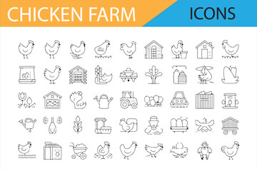 Chicken Farm Icons Collection, Various Hens, Barns, Egg Production, and Poultry Farm Equipment in Black Line Art for Agriculture and Design © MDSUMON