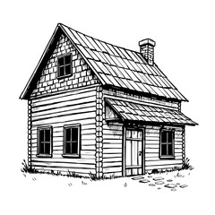 Cozy Cabin in Nature: A detailed pen-and-ink illustration of a charming cabin nestled in the wilderness, evoking feelings of warmth and rustic tranquility.