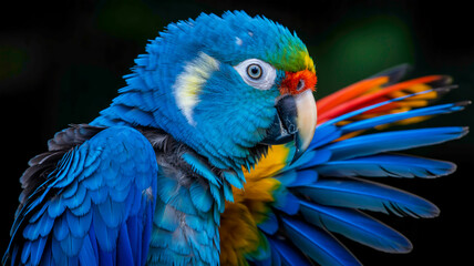 A close-up photograph of a vibrant parrot against a pure black background. The parrot's head and partial wing are visible, showing a striking blue plumage with intricate feather detail.