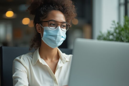 Mixed race businesswoman wearing face mask working in office