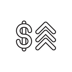 Dollar sign with triple upward arrows, representing financial growth, income rise, profit increase, or economic boost. Ideal for business success or investment concepts.