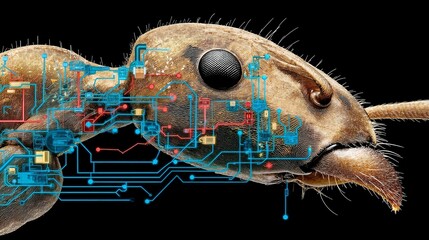 Futuristic Ant Mandibles Intertwined with Glowing Circuit Board Design Against Black Background
