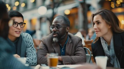Friends enjoying drinks while engaged in lively conversation at an outdoor cafe in a bustling city during the evening hours