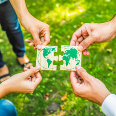 A high-angle photograph of four hands coming together to connect two wooden puzzle pieces against a blurred green grass background