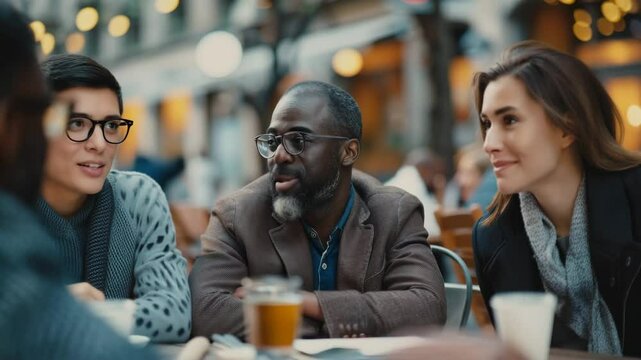 Friends enjoying drinks while engaged in lively conversation at an outdoor cafe in a bustling city during the evening hours