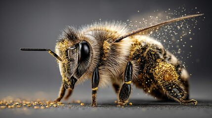 Pollinator in Action: Close-Up of a Bee Collecting Vibrant Golden Yellow Pollen