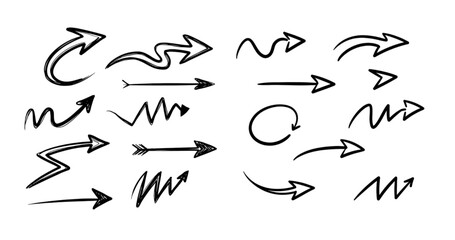 Hand drawn black arrow scribble set isolated on white background