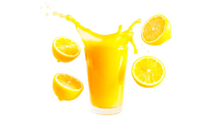 A high-contrast product photography shot of a tall glass of orange juice with a dramatic splash effect against a pure white background.