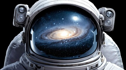 Reflective Astronaut Helmet Showcasing a Stunning Spiral Galaxy Against a Black Background