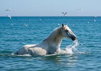 Naklejka premium A beautiful white horse stands in the clear blue ocean, creating small splashes. In the background, seagulls fly against a clear sky, completing this picturesque scene of freedom and natural beauty.